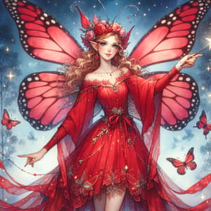 Red Butterfly Fairy with Magic Wand - Enchanting Fantasy Image