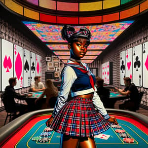 Confident Black Schoolgirl at Poker Table in Pop Art Style