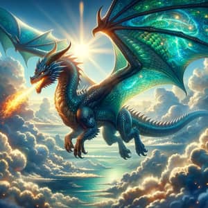 Majestic Dragon Soaring in Sky with Glowing Eyes and Fiery Breath