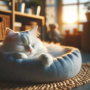 Serene Morning Scene with White Cat Sleeping Indoors