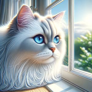 White Cat with Blue Eyes Sitting by Window | Curious & Longing