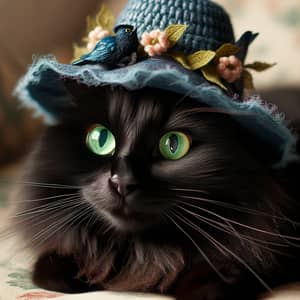 Black Cat with Green Eyes and Blue Hat