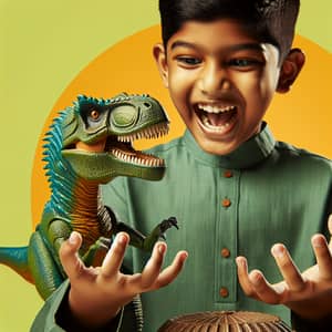 South Asian Boy Playing with Realistic Dinosaur Toy