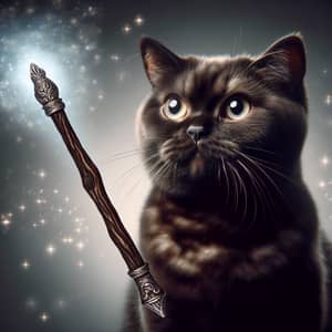 Enchanted Cat with Elder Wood Wand | Magical Wizardry Fiction