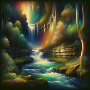 Concealed Waterfall in Mythical Forest - Vivid Mixed Media Art