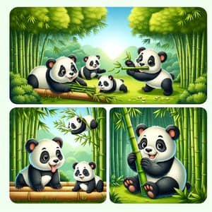 Serene Outdoor Setting with Lush Green Bamboo Trees and Adorable Pandas