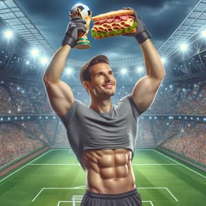 Athletic Football Player Celebrates with Salami and Cheese Sandwich