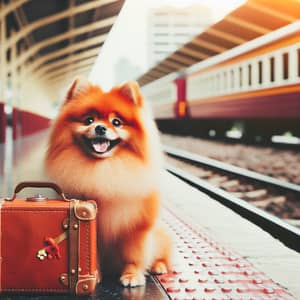 Cheerful Red Spitz Dog at Train Station | Nostalgic Travel Vibes