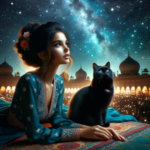 Enchanting Scene: Girl with Black Cat under Starry Night Sky