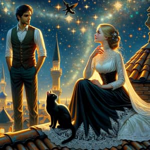 Elegant Girl and Black Cat on Rooftop with Starry Night Sky