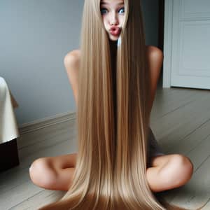 Caucasian Teenager Girl with Rapunzel-Like Blonde Hair | Room Portrait