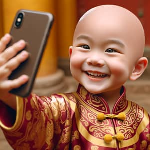 Joyful Chinese Little Boy Selfie in Designer Attire