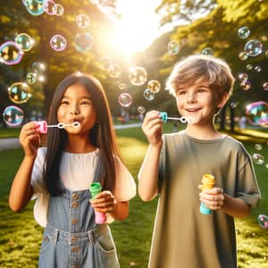 Diverse Kids Blowing Soap Bubbles in Park | Fun Outdoor Activity