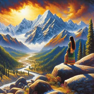 South Asian Girl Oil Painting on Snow-Capped Mountain