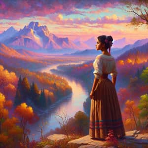 Hispanic Girl in Majestic Mountain Landscape - Impressionist Painting