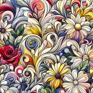 Abstract Floral Pattern: Roses, Daisies, Sunflowers & Tulips