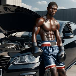African Descent Male Boxer Leaning on Glossy Black IROC Z Car