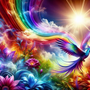 Vibrant Nature Scene with Mystical Flight | Exotic Flowers & Rainbows
