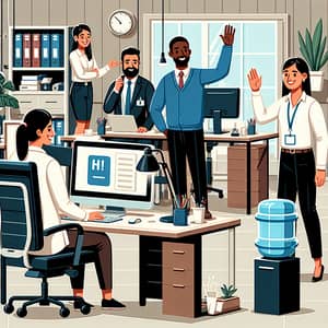 Animated Office Environment with Diverse Employees Greeting