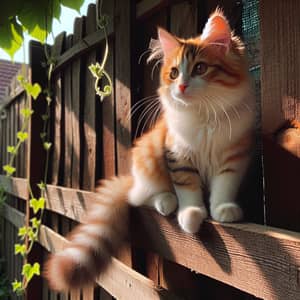 Tabby Cat Sitting on Wooden Fence in Bright Afternoon Sunshine