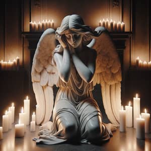 Saddened Marble Angel Amid Candles | Melancholic Scene