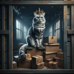 Regal Grey Striped Cat Adorned With Crown | Abandoned House Scene