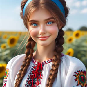 Smiling Ukrainian Girl in Traditional Attire | Sunflower Field