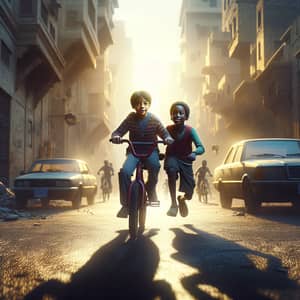 Cinematic Morning in Egypt: Brothers Riding Bike in Dramatic Lighting