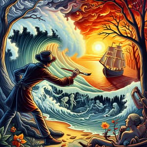 Serene Sunset Painting with Autumn Tree, River, and Sailing Ship