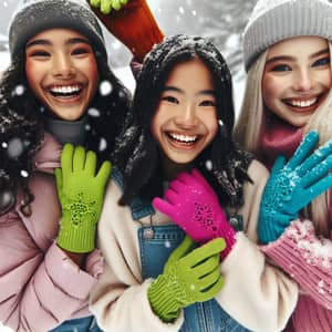 Winter Fun: Multicultural Girls Play in Snow with Colorful Gloves