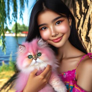 Asian Girl with Fluffy Pink Cat | Colorful Summer Scene