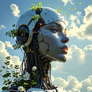Realistic Robot Woman Head | Nature's Spirit Ascending Skyward