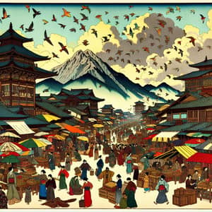 Vibrant Japanese Woodblock-Inspired Market Scene