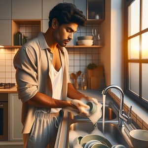 South Asian Man Washing Dishes in Modern Kitchen