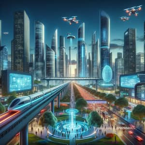 Futuristic Cityscape: Neon Lights, Skyscrapers, Maglev Trains