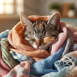 Adorable Cat in Colorful Fabric - Snoozing Cutie