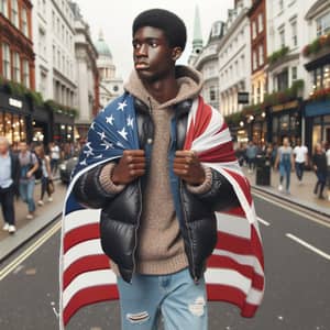 Young Black Male Student with American Flag in London Street