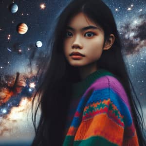 Captivated South Asian Girl in Colorful Jumper Gazing at Starlit Cosmos