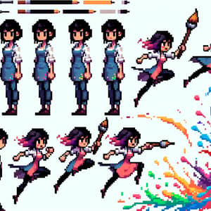 Pixel Art Game Sprite Sheet: Female Artist with Brush