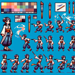 Pixel Art Game Female Artist Sprite Sheet with Paintbrush Weapon
