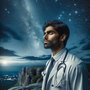 Indian Doctor on Cliff Under Starry Sky | Pensive Contemplation
