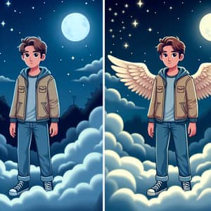 Teenage Boy with Imaginary Wings in Night Depths | 2D Art