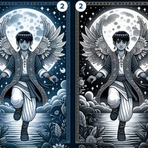 2D Illustrations of South Asian Teenage Boy with Illustrated Wings at Night