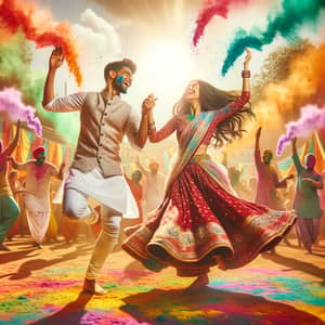 Vibrant Holi Dance: Male & Female Couple Celebrate with Swirls of Colors