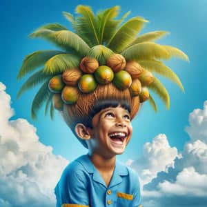 Joyful South Asian Boy with Imaginative Palm Tree and Coconuts