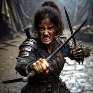 Warlike Girl in Torn Armor with Swords