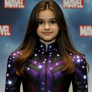 14-Year-Old Superheroine with Long Brunette Hair in Purple and Black Suit