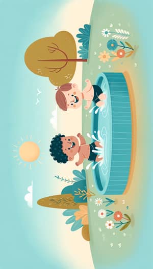 Playful Park Scene with Caucasian and Hispanic Toddler Boys Splashing in Water Pool