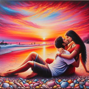 Romantic Sunset Kiss | Oil Painting of Affectionate Indian Man & Caucasian Woman
