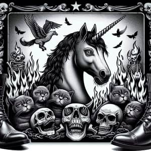 Gothic Unicorn Rock Album Cover with Grey Cats & Flaming Skulls